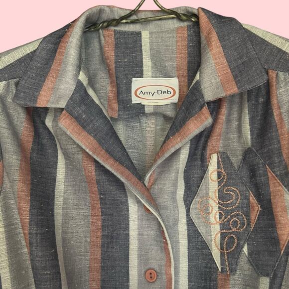 Vintage 70s Size Medium Pink Gray Stripe Day Dress Retro Rockabilly Fit & Flare - Picture 3 of 11